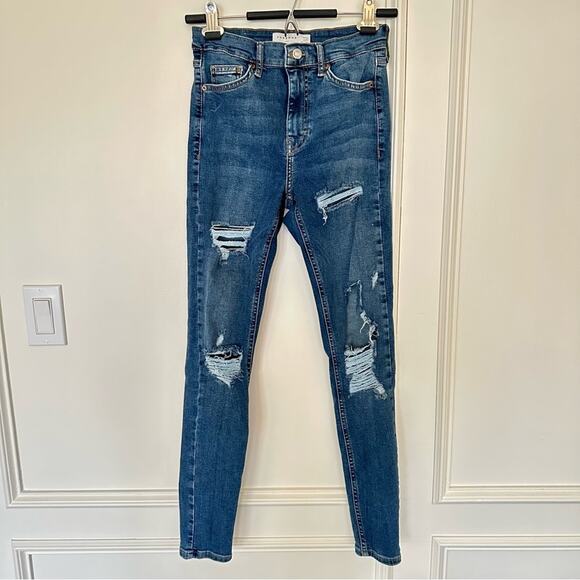 Topshop Denim - Topshop High Rise Super Distressed Ripped Knee Skinny Jeans Medium Wash Sz 26
